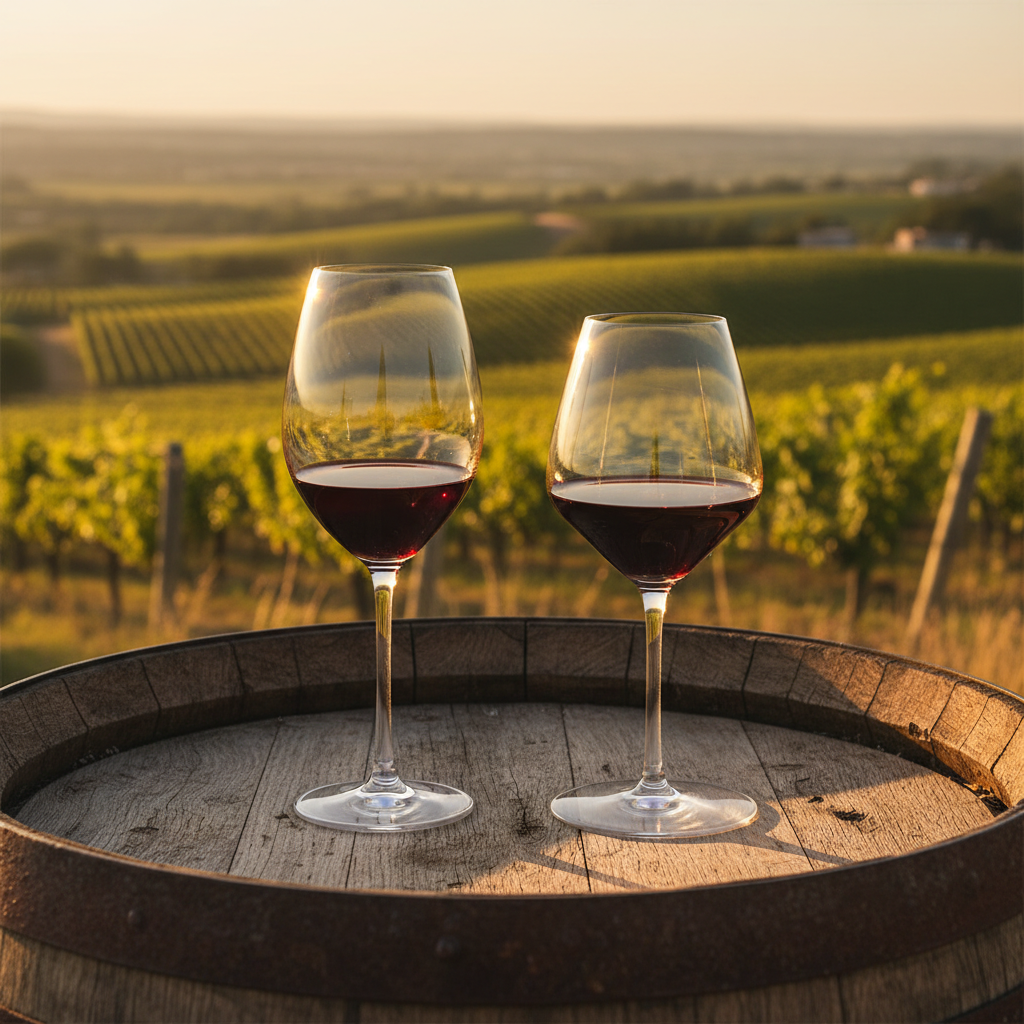 Duas taças de vinho branco sobre um barril de carvalho em um vinhedo ensolarado, simbolizando a escolha entre Chardonnay e Sauvignon Blanc.