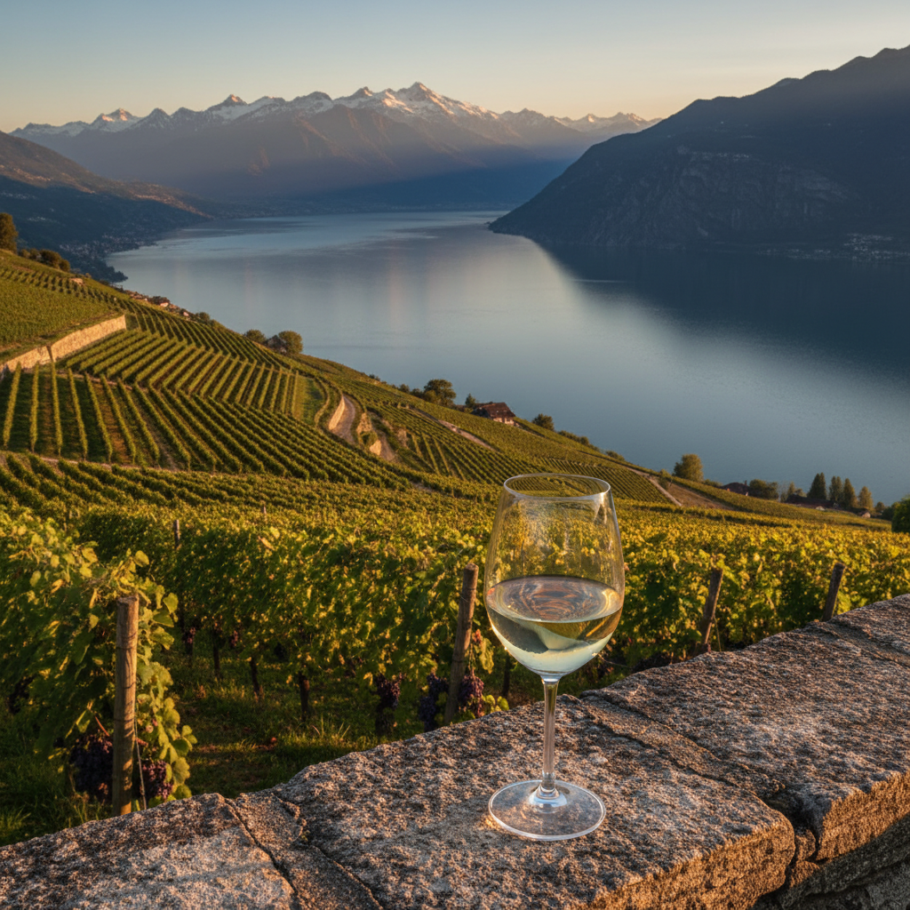 Vinhedo de Chasselas na Suíça, com vista para um lago e montanhas, com uma taça de vinho branco sobre um muro de pedra.