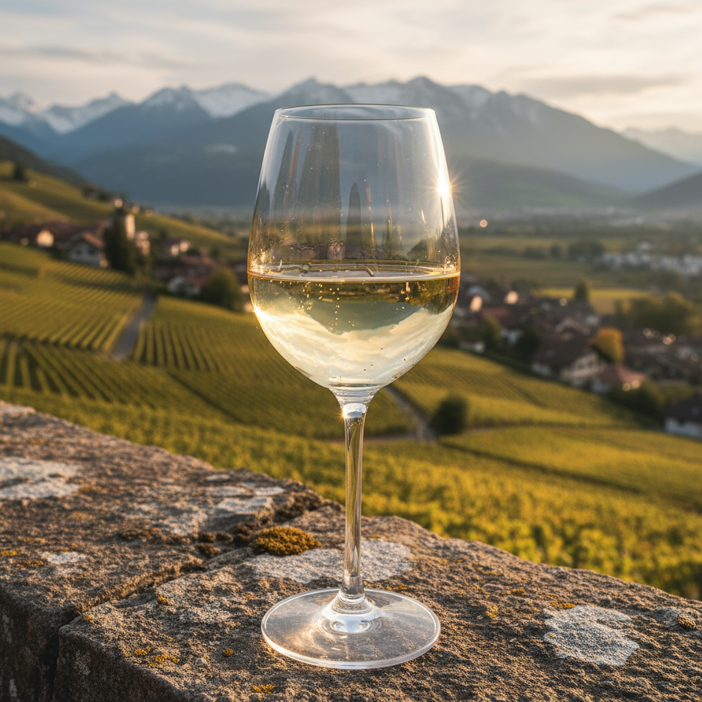 Taça de vinho Chasselas com reflexos dourados, sobre uma pedra com um vinhedo suíço ao fundo, sob luz suave da tarde.