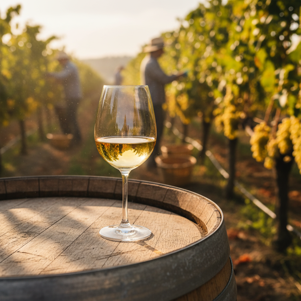 Taça de vinho branco Chenin Blanc em um barril de madeira, com um vinhedo ensolarado ao fundo, transmitindo a riqueza e a tradição da uva.