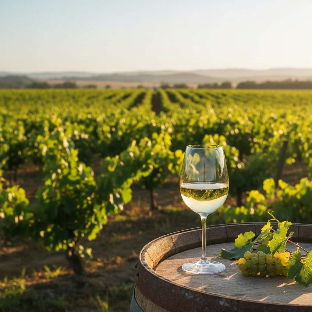 Taça de vinho Chenin Blanc em um barril de madeira, com um vinhedo ensolarado ao fundo.