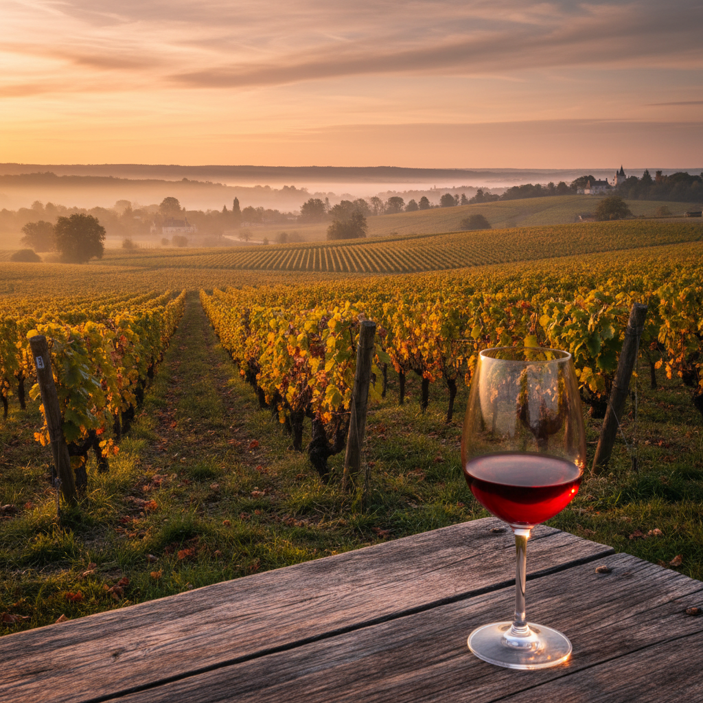 Vinhedo do Vale do Loire ao pôr do sol com taça de vinho Chenin Blanc em primeiro plano.