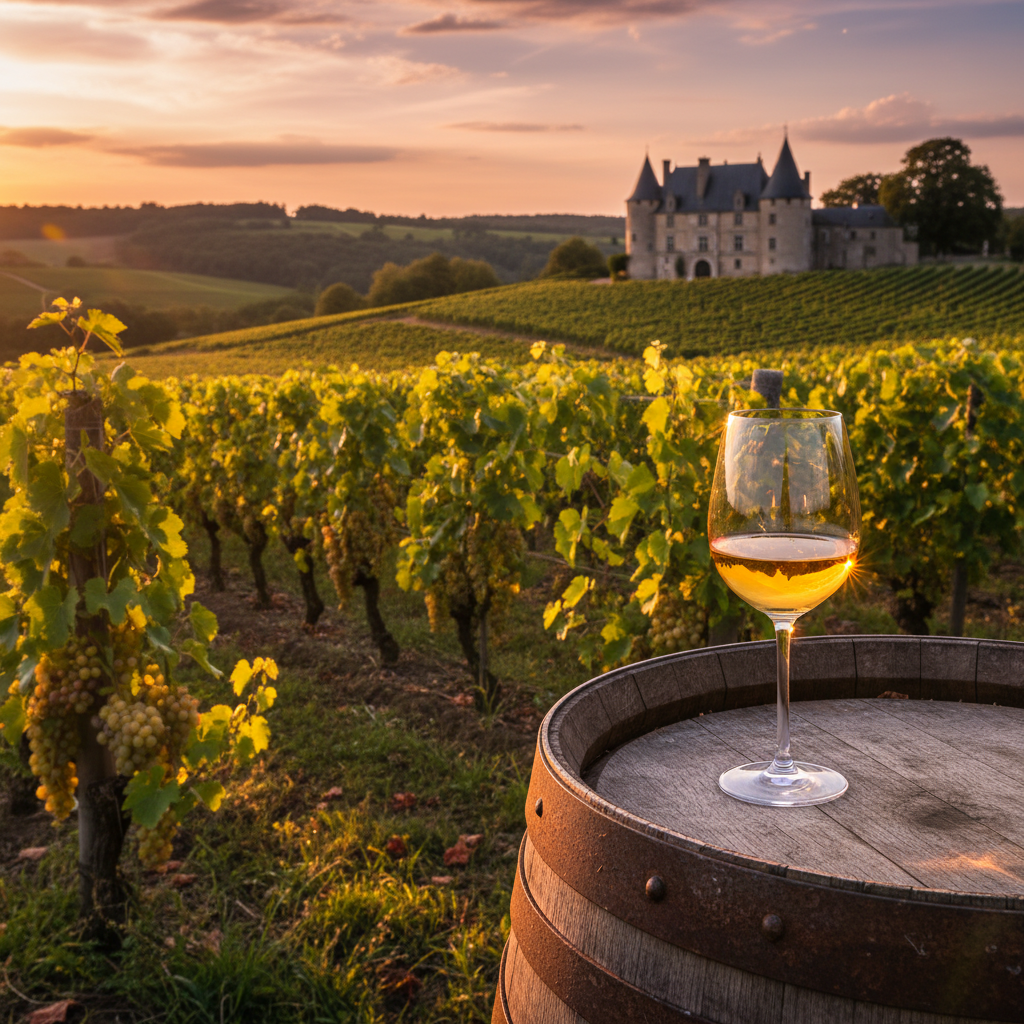Vinhedo de Chenin Blanc no Vale do Loire ao pôr do sol, com uma taça de vinho sobre um barril de madeira e um castelo ao fundo.