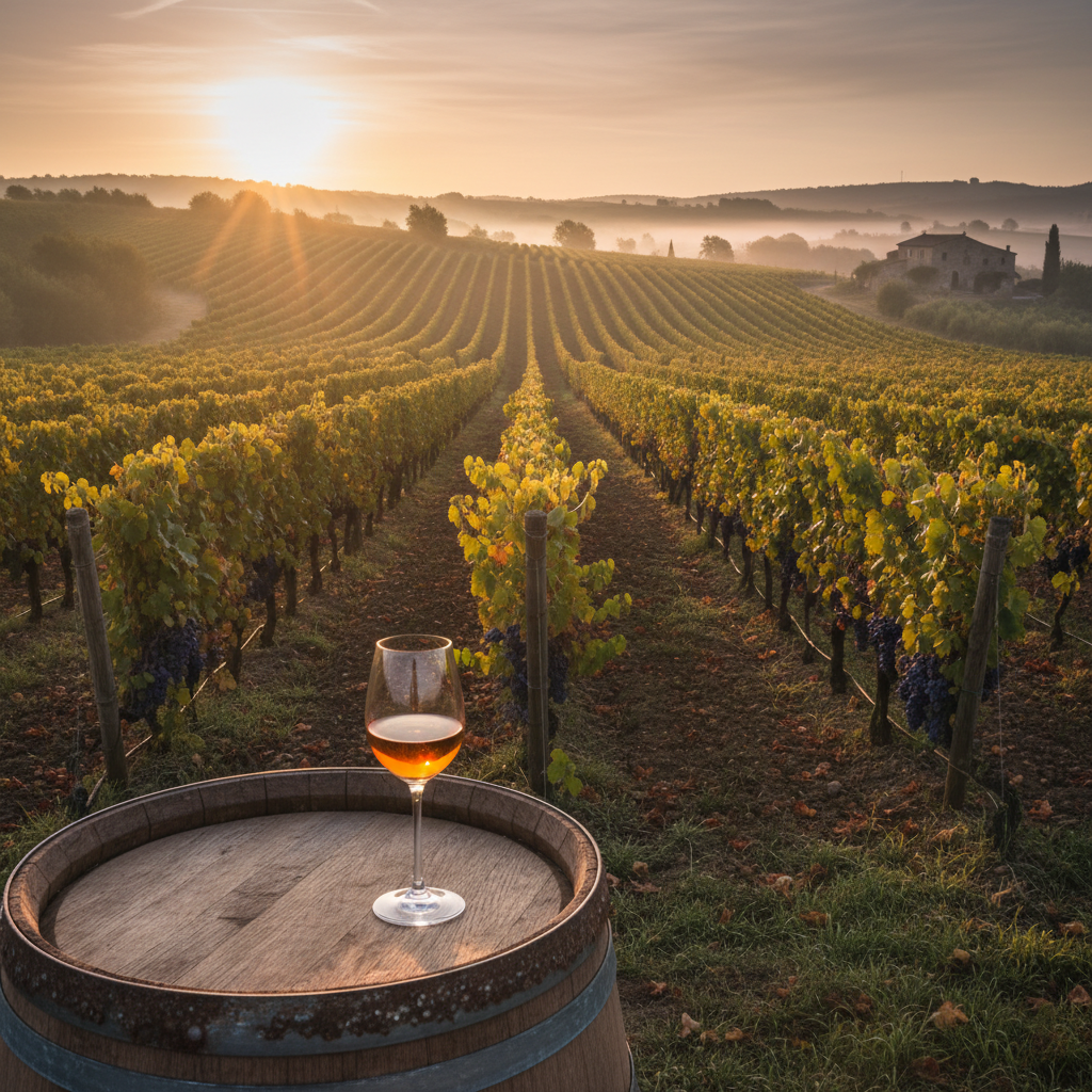Vinhedo de Chenin Blanc ao amanhecer com uma taça de vinho sobre um barril, refletindo a paisagem e o terroir.