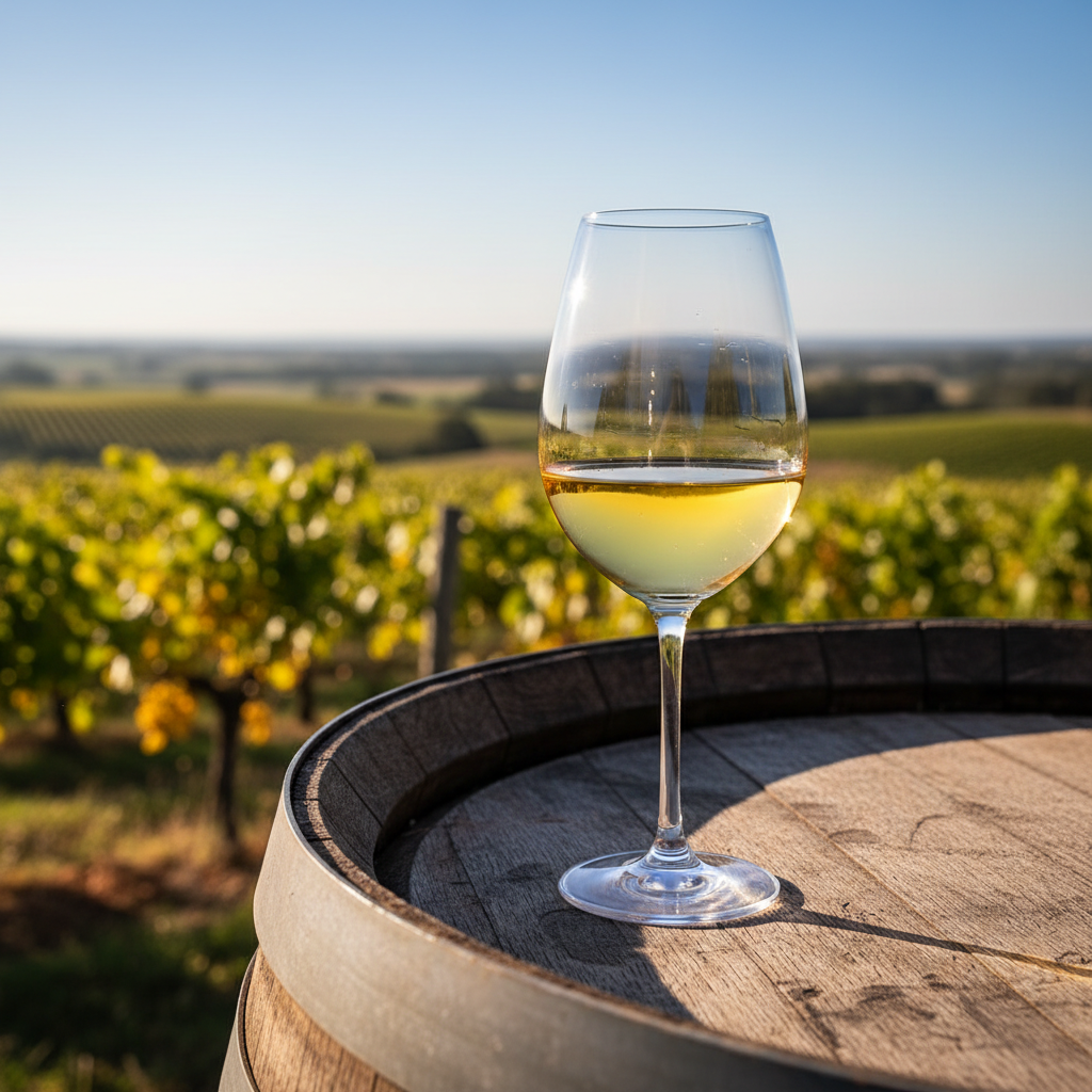 Taça de vinho Chenin Blanc dourado sobre um barril de madeira em um vinhedo ensolarado.