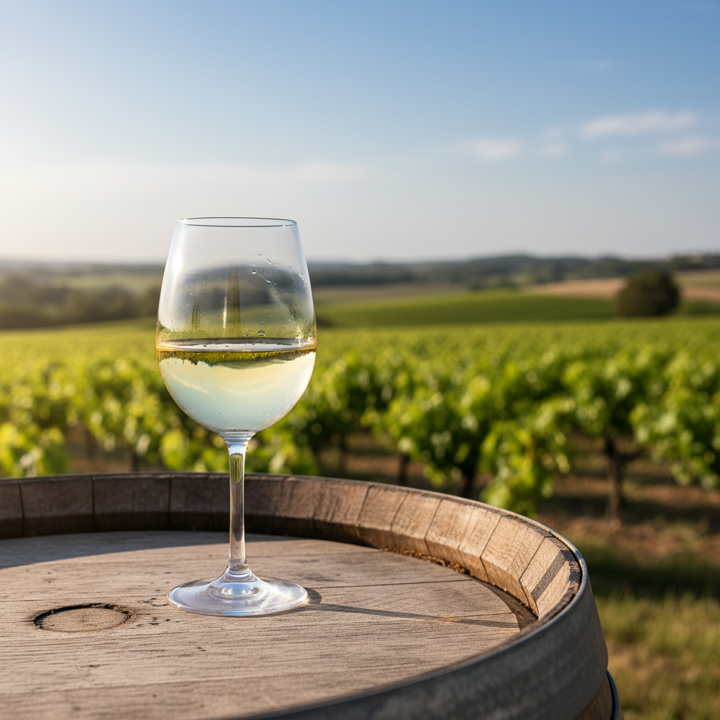 Taça de vinho branco Clairette Blanche repousando sobre um barril de madeira rústico, com um vinhedo ensolarado e videiras verdes desfocadas ao fundo, transmitindo uma sensação de calma e natureza.
