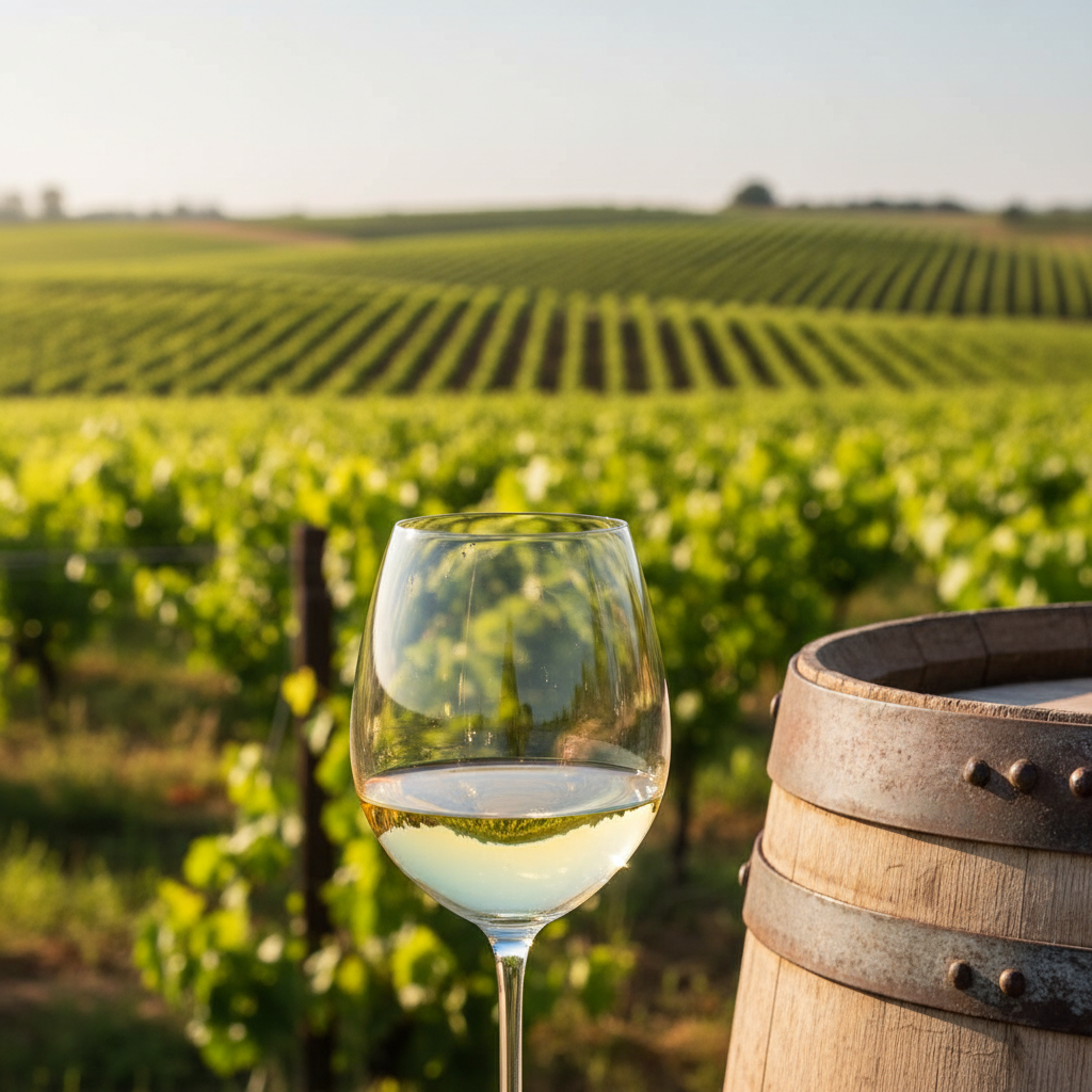 Vinhedo ensolarado de Clairette Blanche com uma taça de vinho branco elegante e um barril de carvalho rústico.