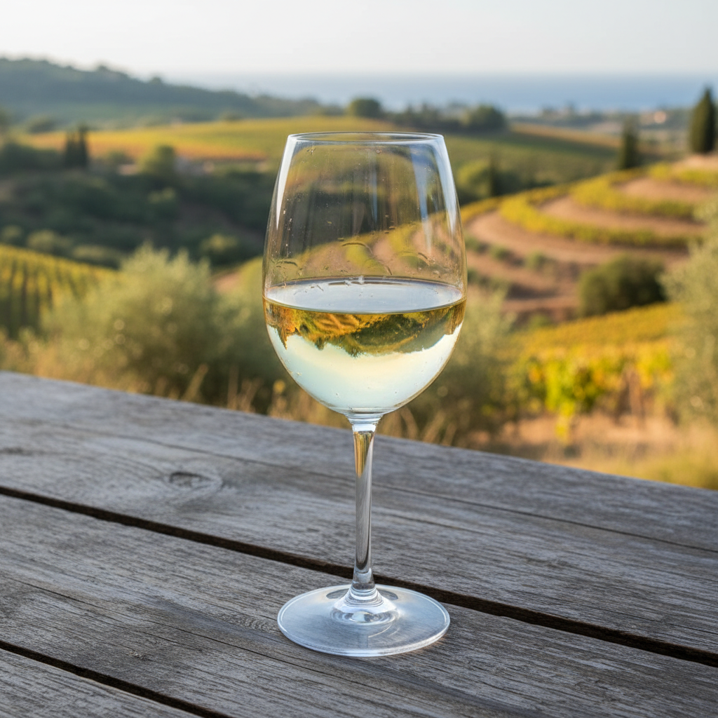 Uma taça elegante de vinho branco Clairette Blanche sobre uma mesa de madeira rústica, com um vinhedo ensolarado do Mediterrâneo desfocado ao fundo, transmitindo frescor e elegância.