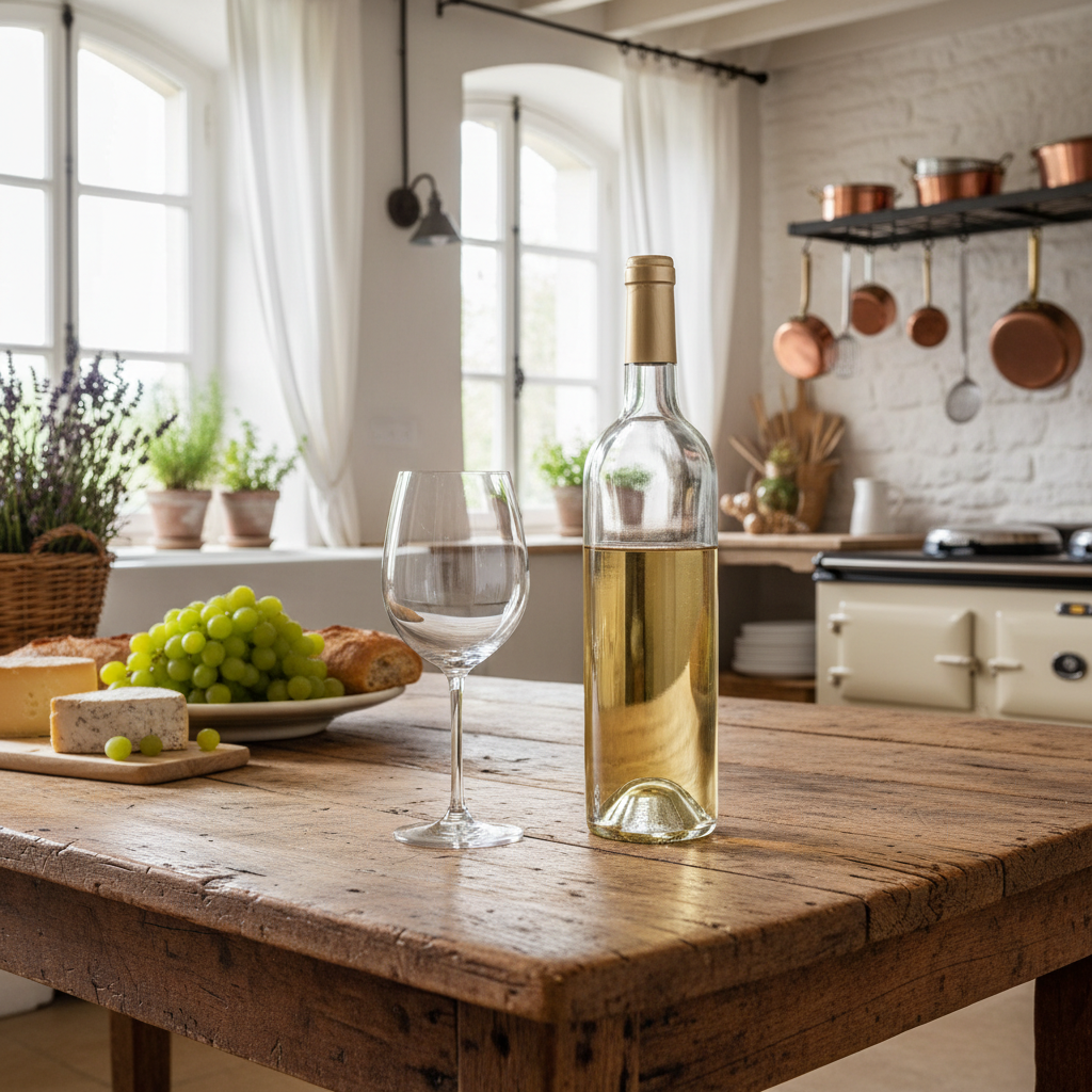 Garrafa de vinho Clairette Blanche e taça em uma cozinha elegante com toque francês, pronta para ser usada em receitas.