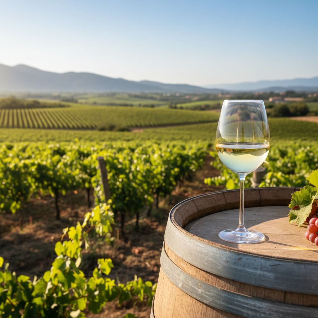 Vinhedo ensolarado com uvas Clairette Blanche, taça de vinho branco pálido sobre um barril de madeira rústica, refletindo a luz do sol.