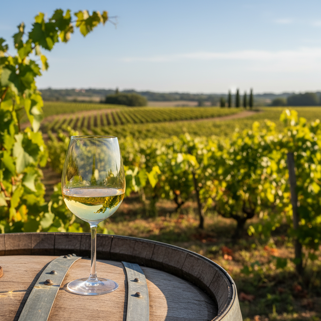 Taça de vinho branco Clairette Blanche em um vinhedo ensolarado, com barris de carvalho e parreiras ao fundo, simbolizando terroir e tradição.