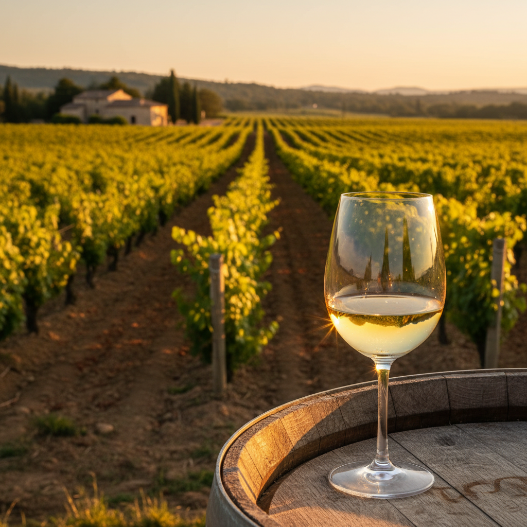 Uma taça de vinho branco Clairette Blanche repousando sobre um barril de madeira em um vinhedo ensolarado no sul da França, com videiras de Clairette Blanche ao fundo.