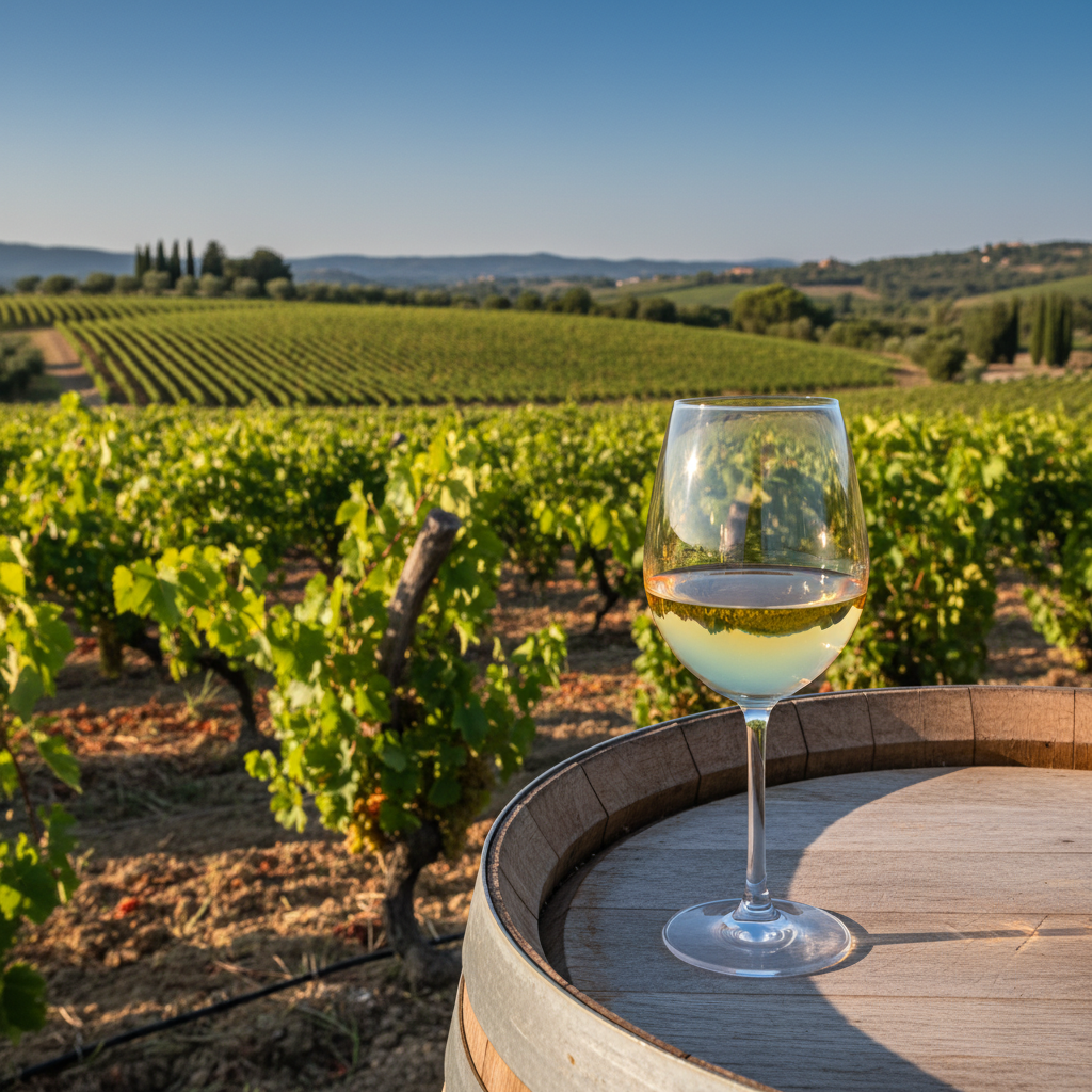 Taça de vinho branco Clairette Blanche em um barril de madeira, com um vinhedo mediterrâneo ensolarado ao fundo.