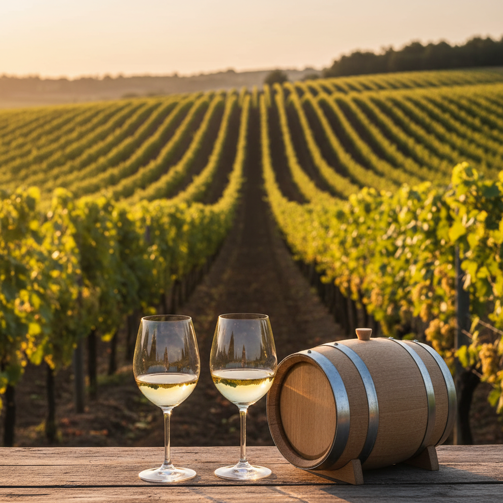 Duas taças de vinho branco, uma com tom amarelo pálido e outra com tom ligeiramente esverdeado, em uma mesa de madeira rústica com um barril e um vinhedo de uvas brancas ao fundo, sob a luz do pôr do sol.