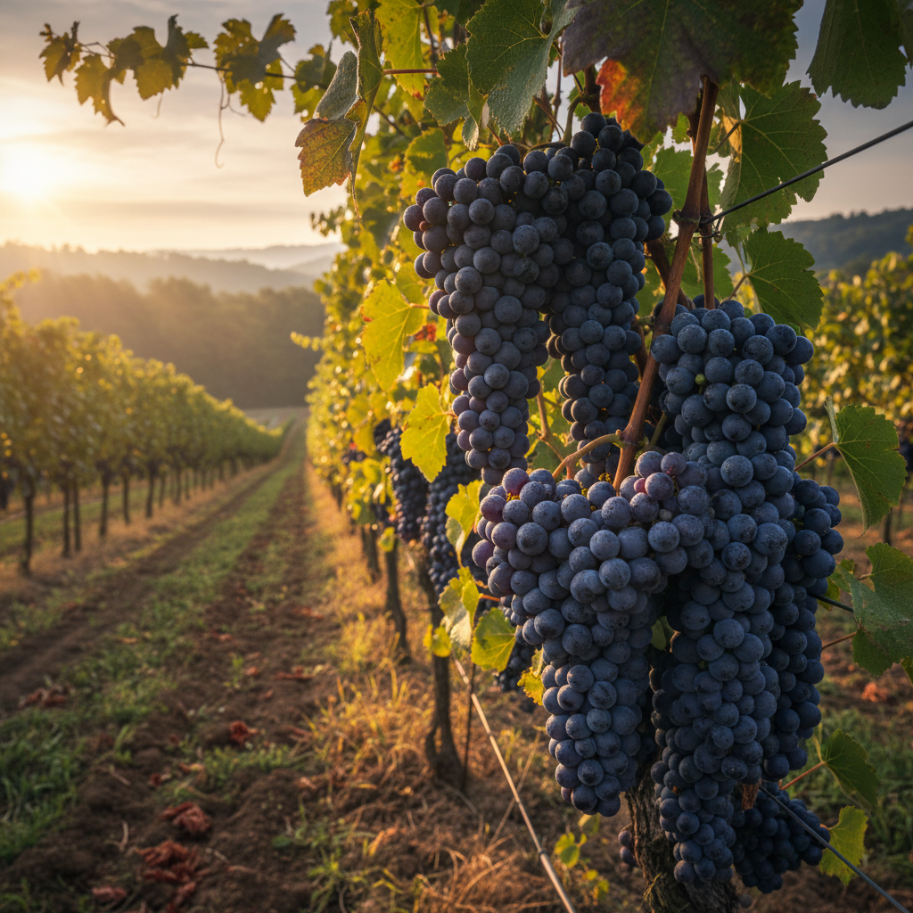 Vinhedo de uvas Jacquez maduras ao amanhecer, pronto para a colheita, com foco na qualidade e no momento ideal.