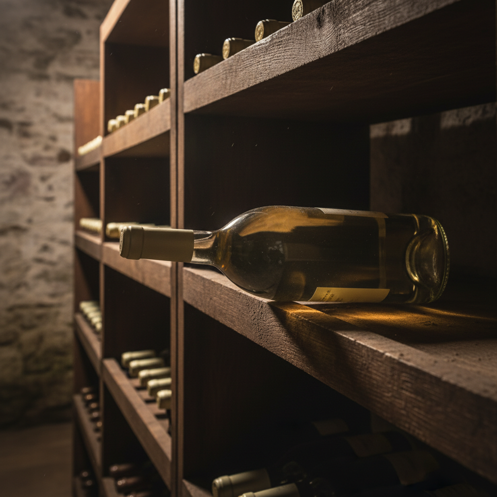 Garrafa de vinho Pinot Grigio armazenada horizontalmente em uma adega escura e fresca, com iluminação suave, simbolizando a preservação ideal do sabor.