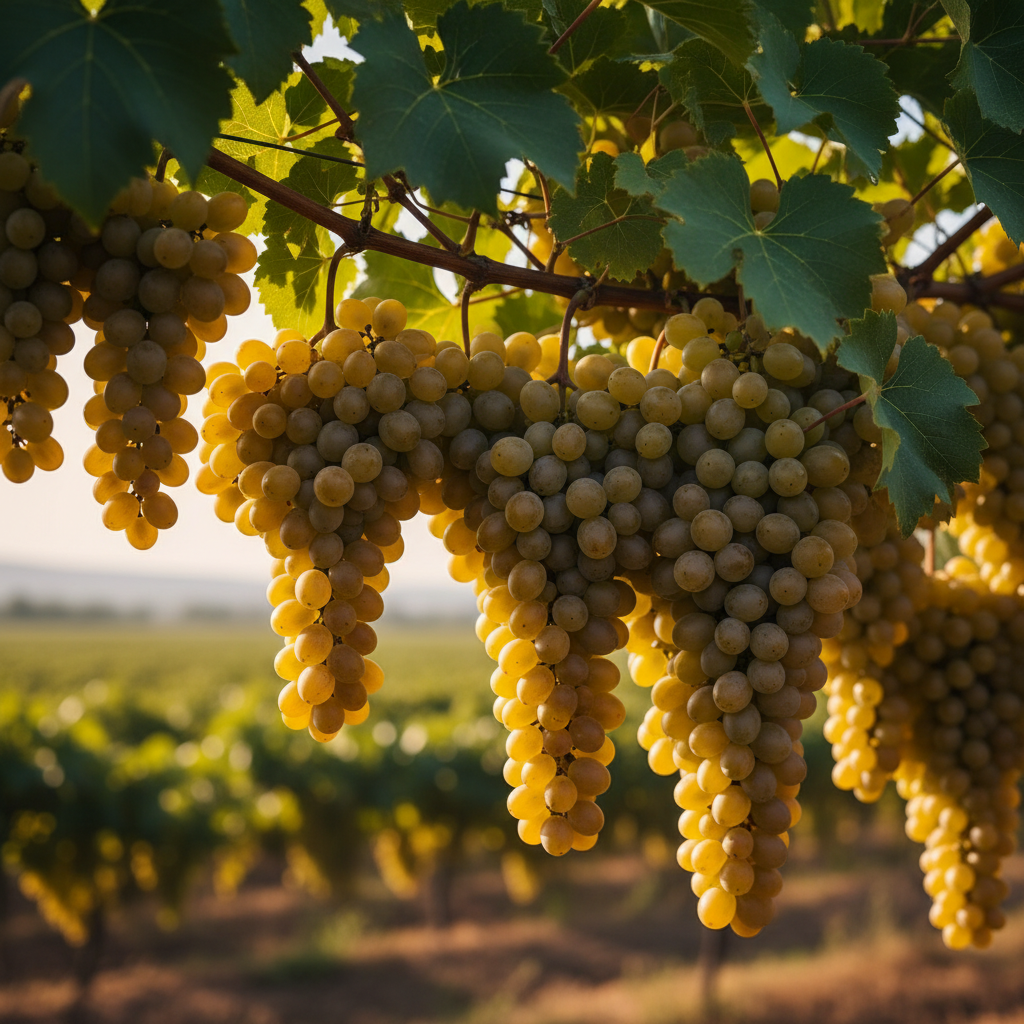 Cacho de uvas Emir frescas em um vinhedo, sob a luz do sol, destacando sua cor vibrante e frescura.