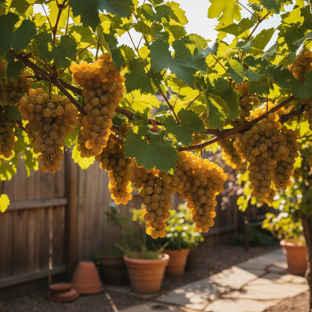 Cachos de uva Muscat of Alexandria maduros e de cor verde-dourada em uma videira exuberante em um jardim doméstico ensolarado.