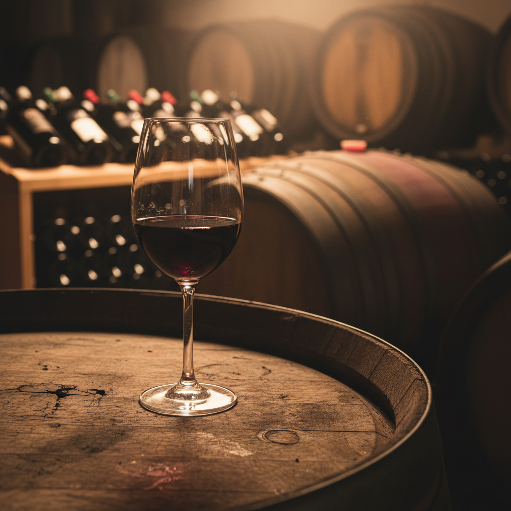 Taça de vinho tinto Carmenère sobre um barril de carvalho em adega, com garrafas ao fundo.