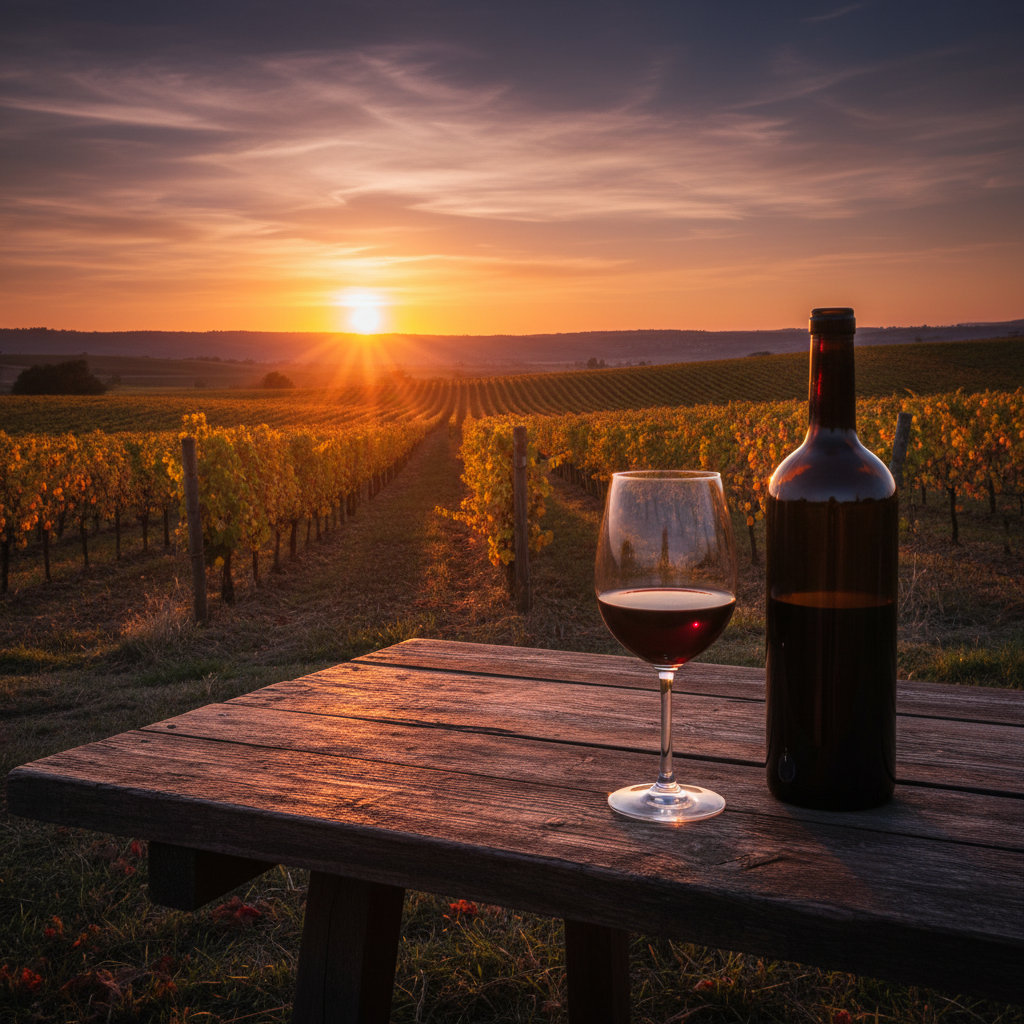 Taça de vinho Malbec e garrafa sobre mesa de madeira rústica, com um vinhedo de Malbec ao fundo sob o pôr do sol.