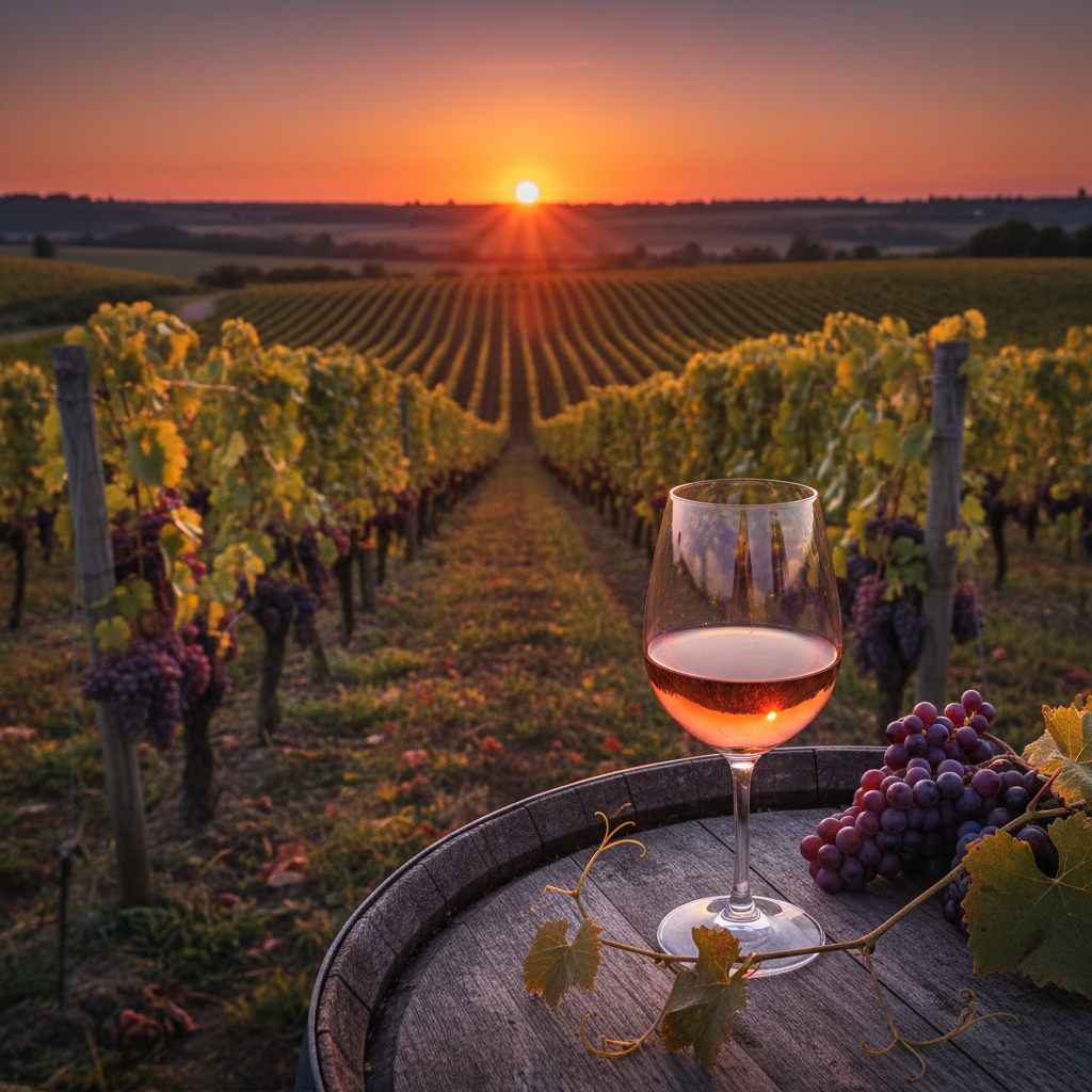 Imagem de um vinhedo de Pinot Meunier ao pôr do sol, com uma taça de vinho refletindo as videiras e os cachos de uva maduros.