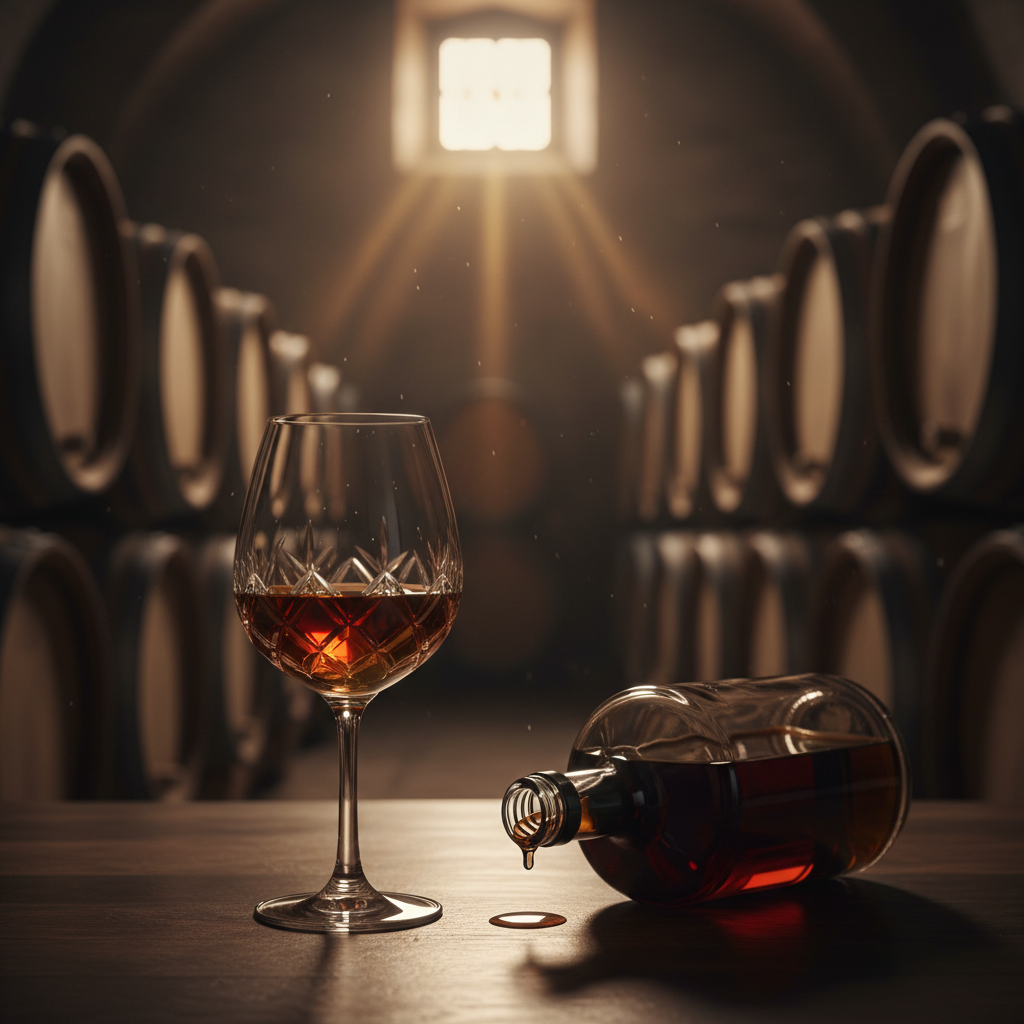 Taça de vinho Pedro Ximénez de cor âmbar ao lado de uma garrafa e barris de carvalho em uma adega tradicional.