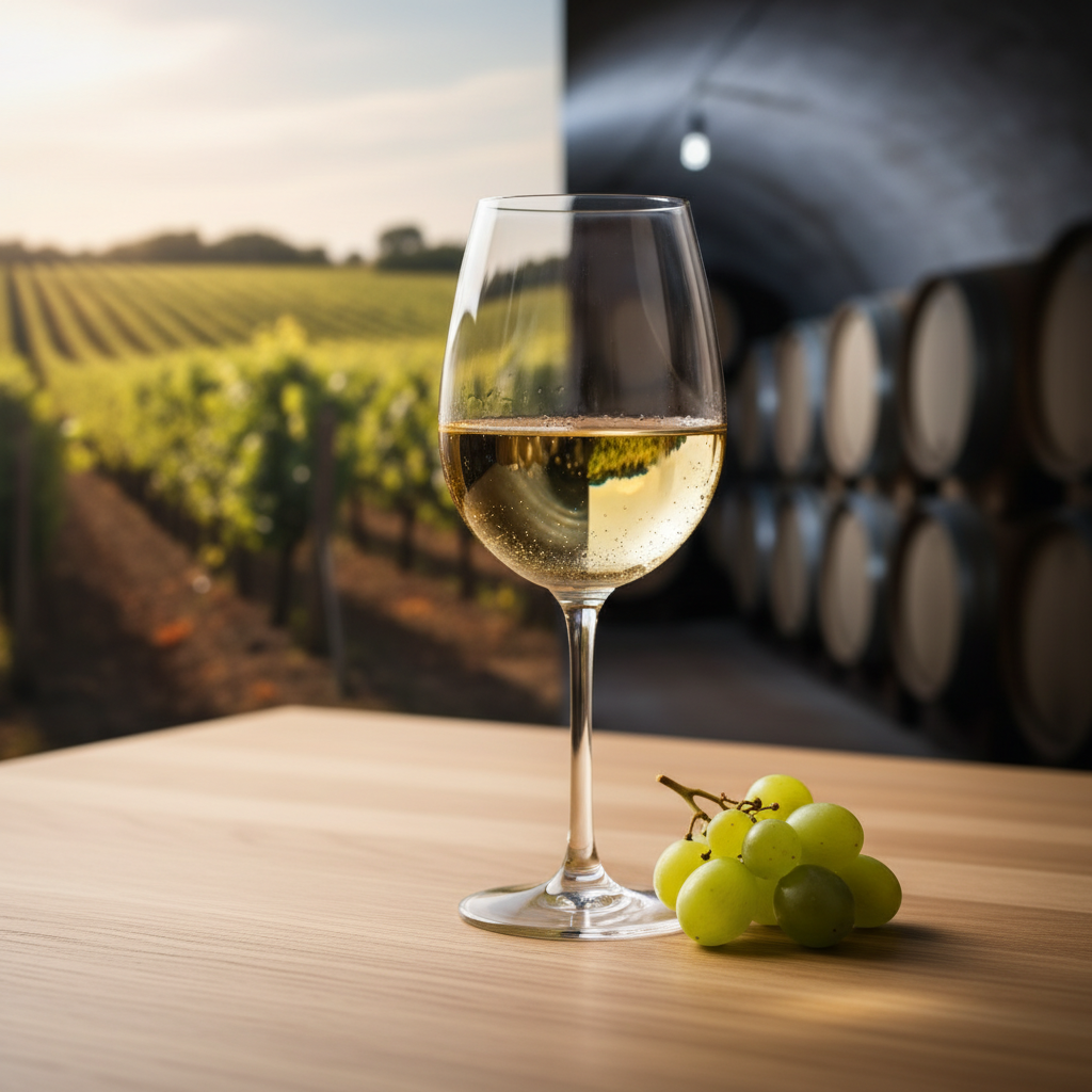 Taça de vinho Verdejo em uma mesa de madeira clara, com um vinhedo ensolarado desfocado ao fundo, representando a experiência de degustação e o ambiente da uva.