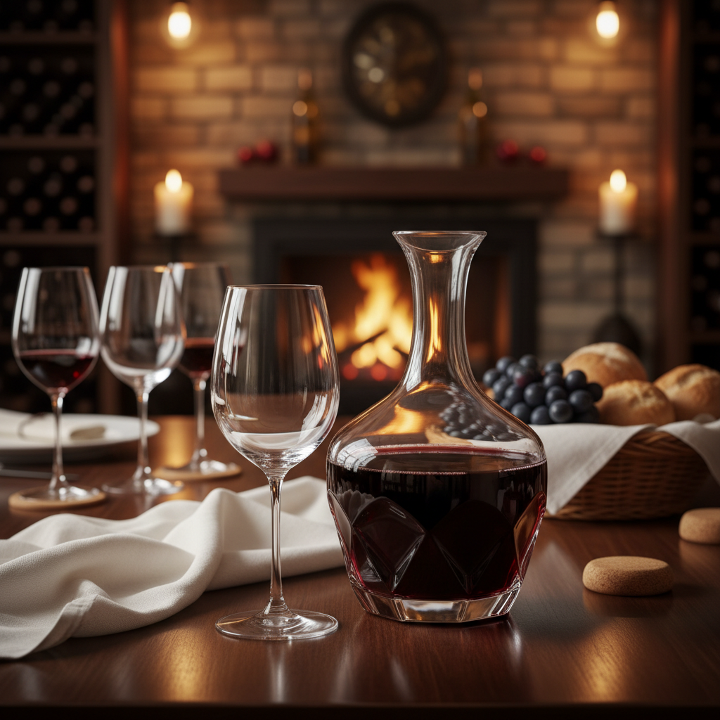 Mesa elegante com decanter de vinho tinto Nebbiolo e taça de cristal, pronta para a degustação e serviço.