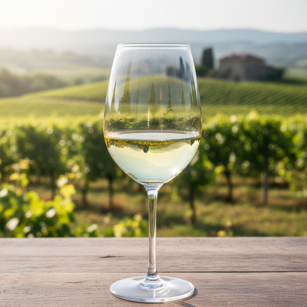 Taça de vinho Arneis com sua cor amarelo-palha, destacando a clareza, em um vinhedo ensolarado do Piemonte.