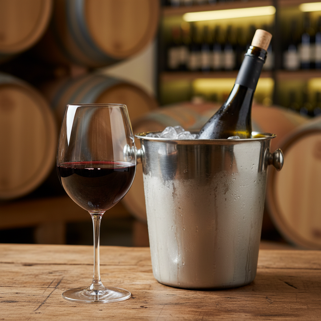 Taça de vinho Gamay Noir com garrafa ao lado, em uma mesa rústica, destacando a cor vibrante do vinho e o ambiente acolhedor de uma adega.