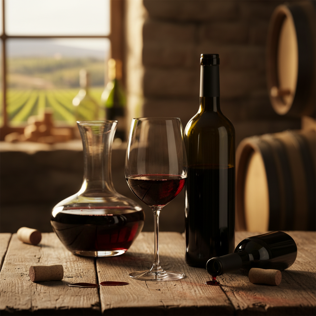 Taça de vinho Merlot com decanter e garrafa sobre mesa de madeira, em ambiente de adega ou vinhedo.