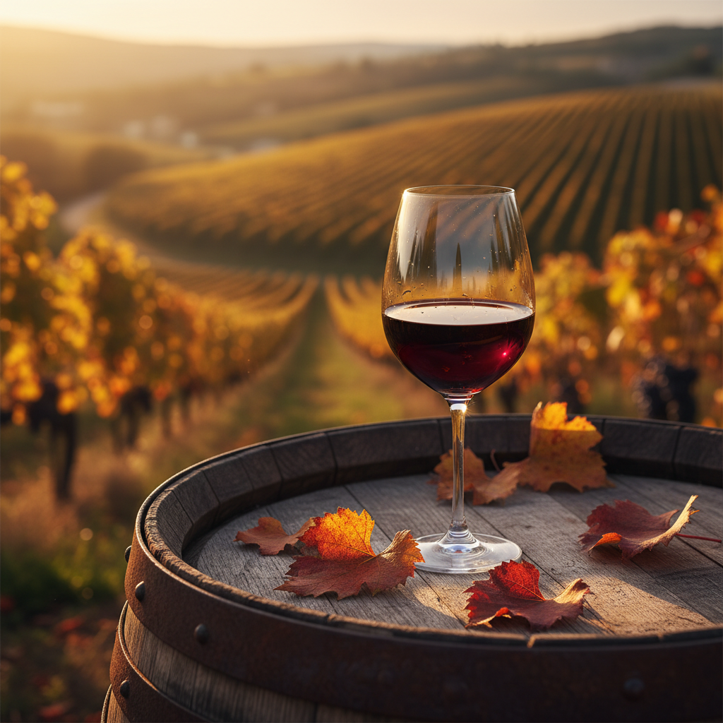 Taça de vinho tinto Gamay Noir sobre um barril de carvalho em um vinhedo de Beaujolais ao pôr do sol.