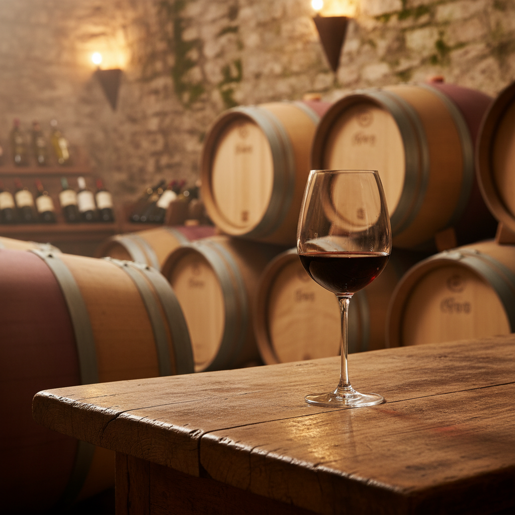 Taça de vinho tinto em uma mesa de madeira dentro de uma adega rústica com barris de carvalho ao fundo, sugerindo a qualidade do vinho Villanella.