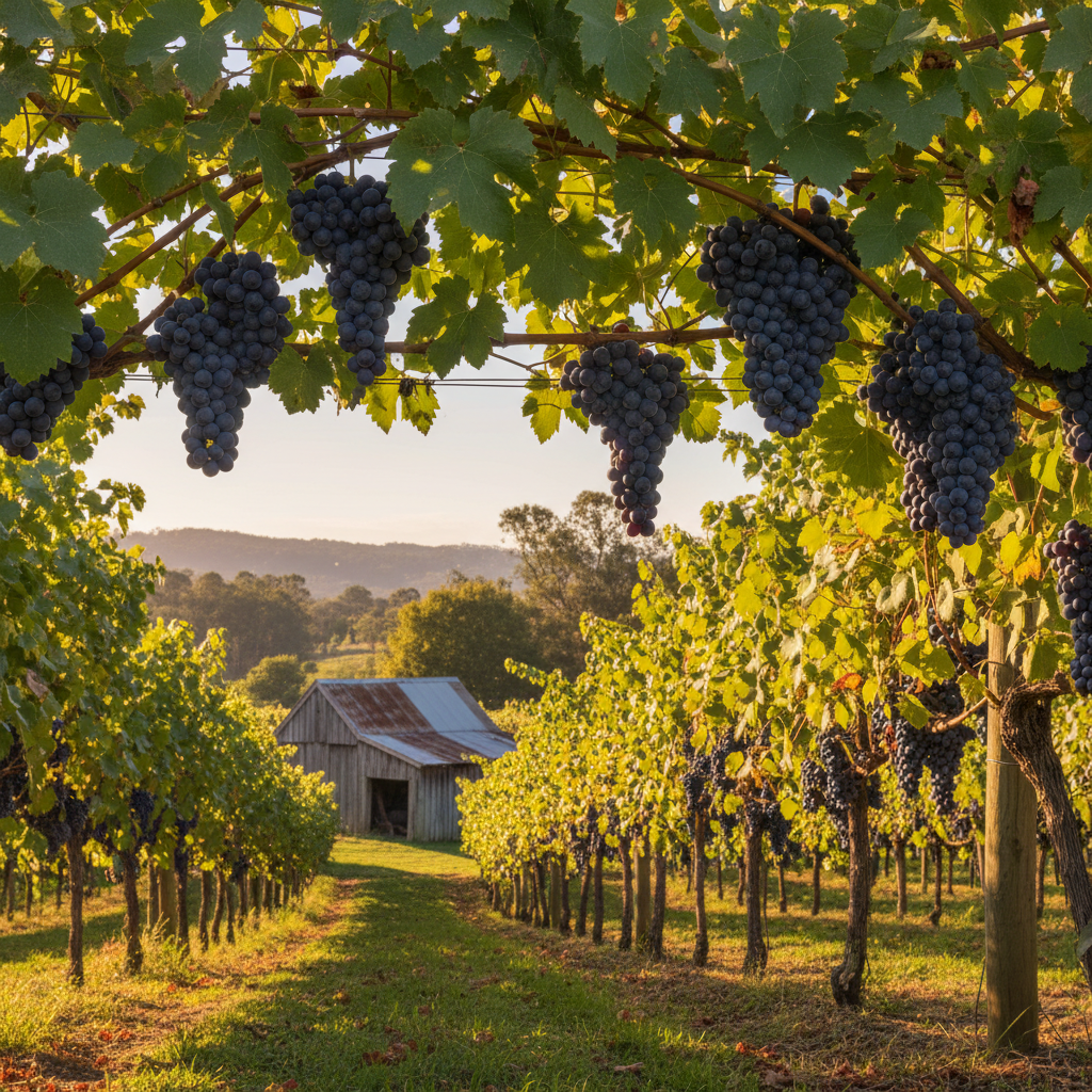 Vinhedo caseiro vibrante com videiras de uva Tarrango carregadas de cachos de uvas vermelhas escuras maduras sob a luz do sol, com um galpão rústico ao fundo.
