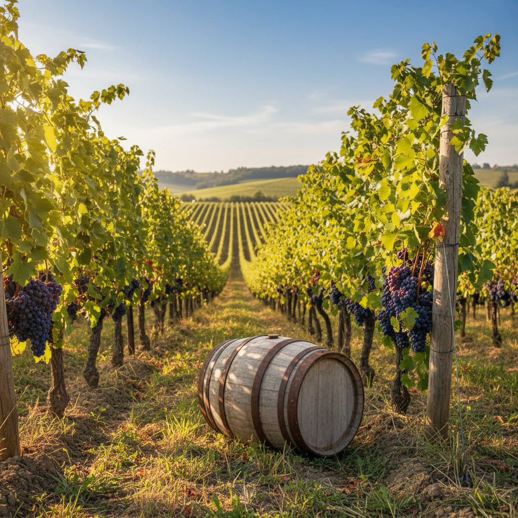 Vinhedo com videiras de uva Blauer Portugieser saudáveis e cachos de uva roxos em desenvolvimento, com um barril de vinho de madeira ao fundo.