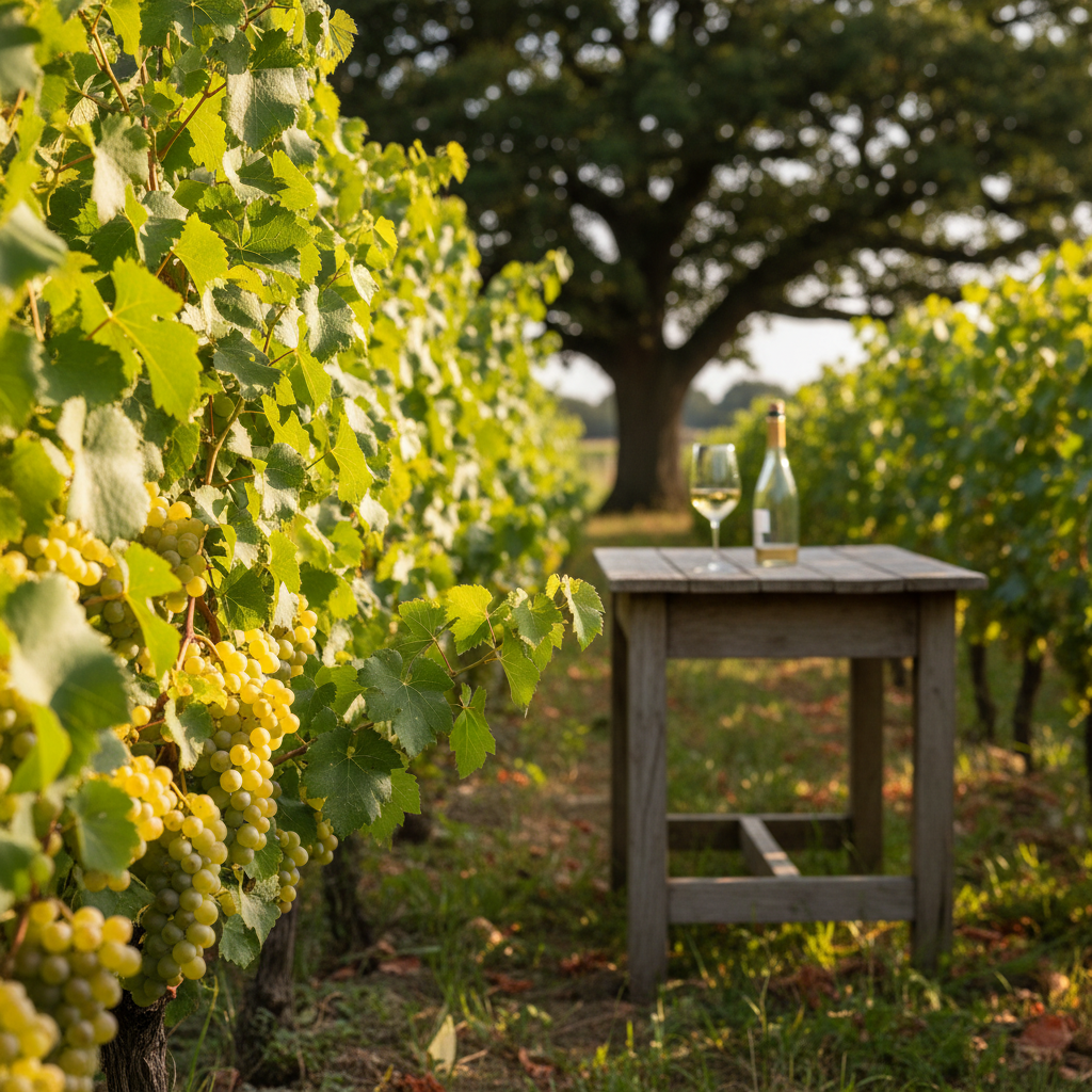 Videiras de uva Bacchus em um vinhedo doméstico, com cachos de uvas verdes maduras sob a luz do sol, e um copo de vinho branco ao fundo.