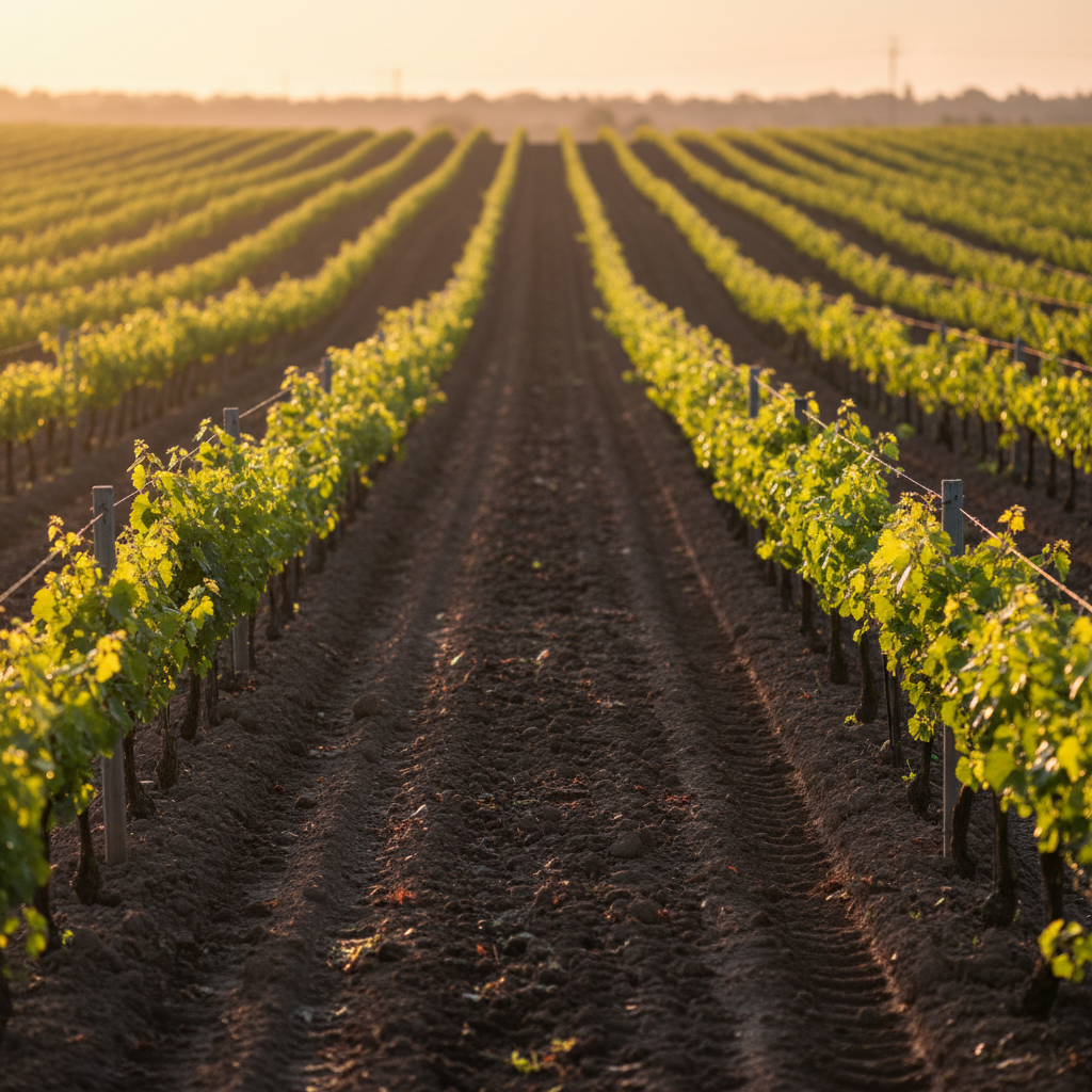 Vinhedo ao amanhecer com videiras jovens em solo fértil, simbolizando o cultivo de uvas Clairette Blanche.