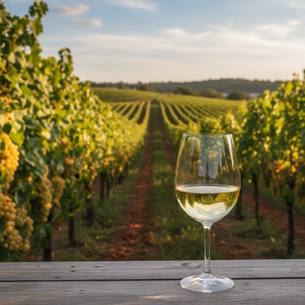 Vinhedo de Seyval Blanc exuberante em uma região de clima frio, com uvas maduras e um copo de vinho branco fresco em primeiro plano, refletindo a luz do sol.