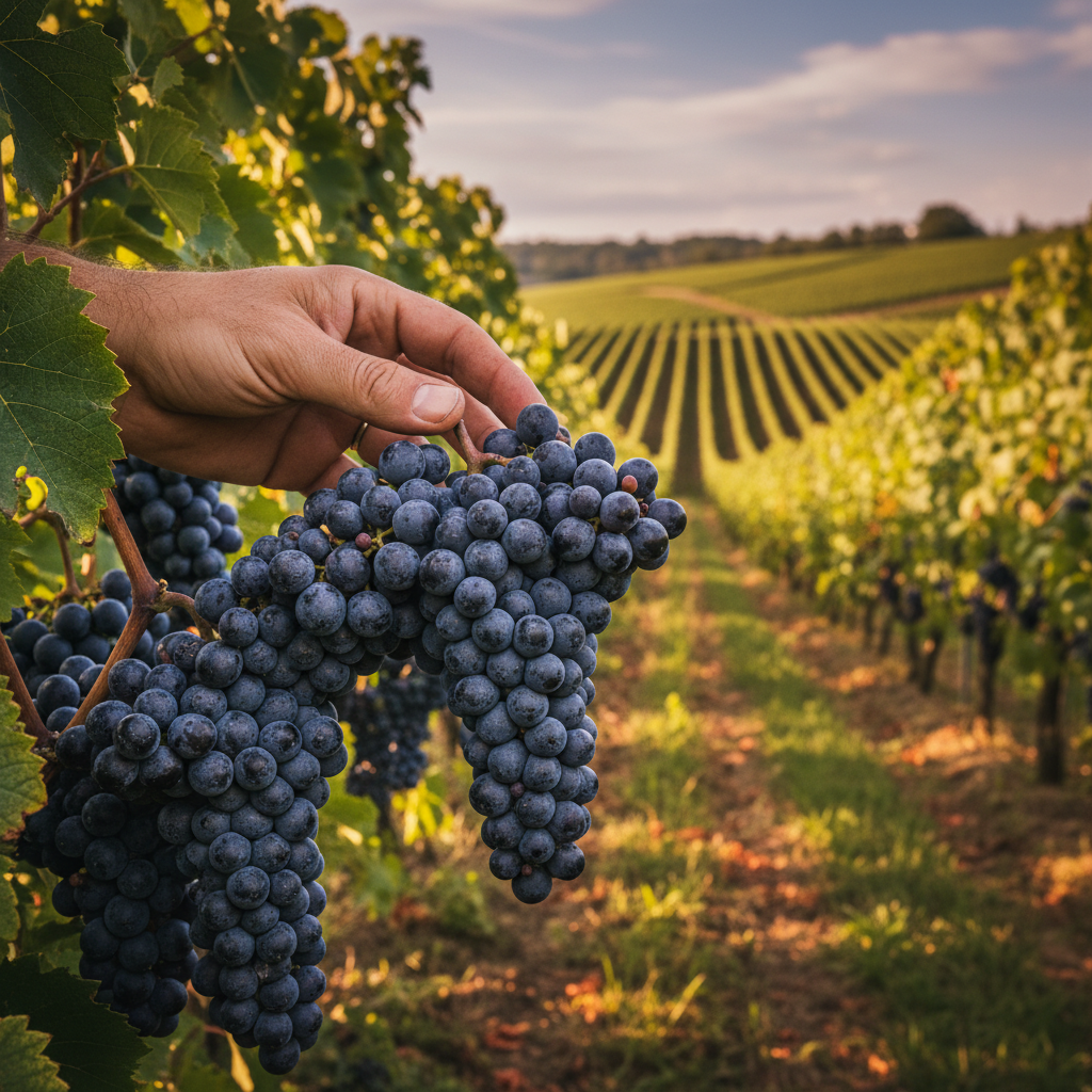 Vinhedo de uvas St. Laurent durante a colheita, com cachos maduros e prontos para a vindima, sob um céu azul.