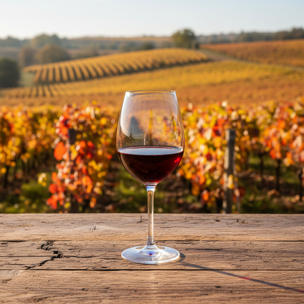 Taça de vinho tinto rubi, possivelmente Gamay, em primeiro plano, com um vinhedo ensolarado da região de Beaujolais ao fundo, exibindo cores outonais.