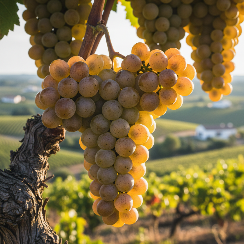 Cacho de uvas Xarel-lo maduras na videira, sob o sol do Mediterrâneo, em um vinhedo na região de Penedès.