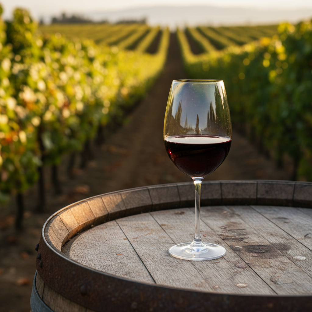 Taça de vinho Carmenère sobre um barril de madeira em um vinhedo chileno ao pôr do sol, transmitindo uma atmosfera de degustação tranquila.