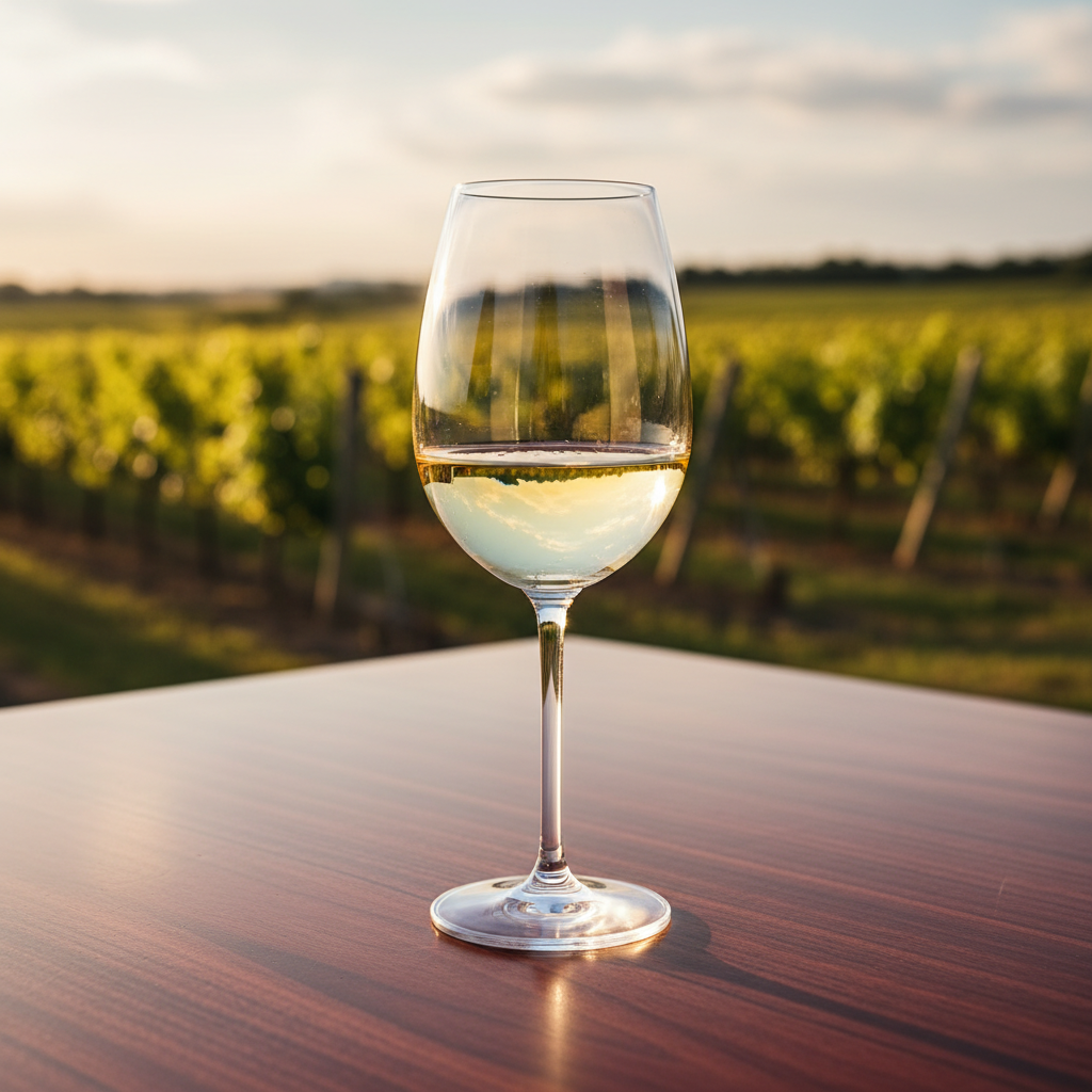 Taça de vinho branco Kerner em mesa de madeira com vinhedo ensolarado ao fundo, pronta para degustação.