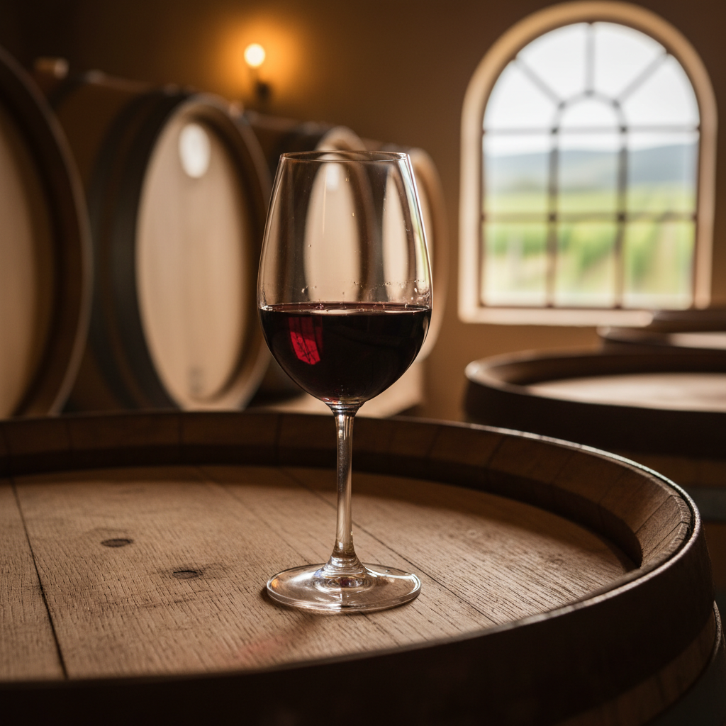 Taça de vinho Refosco tinto sobre uma mesa de madeira rústica em uma adega, com barris ao fundo desfocados.