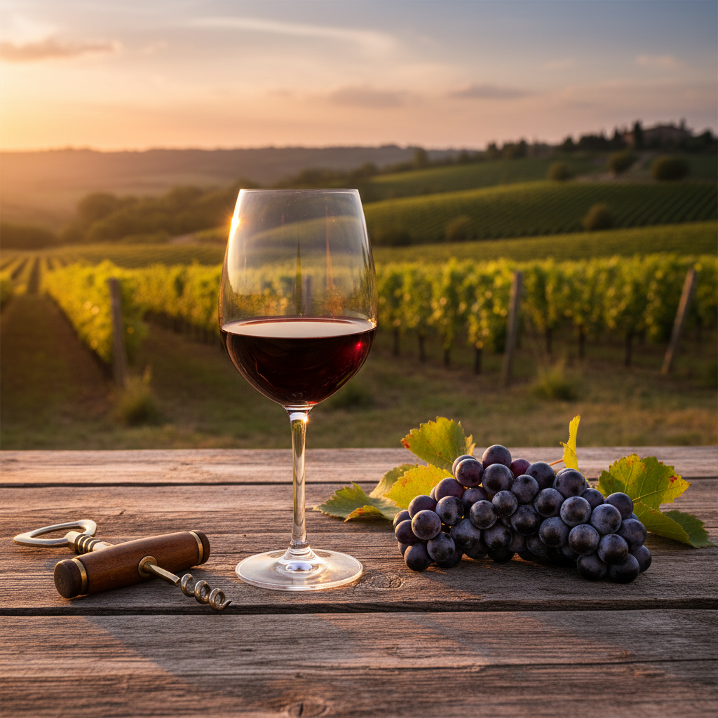 Taça de vinho tinto Canaiolo em uma mesa rústica num vinhedo toscano ao pôr do sol.