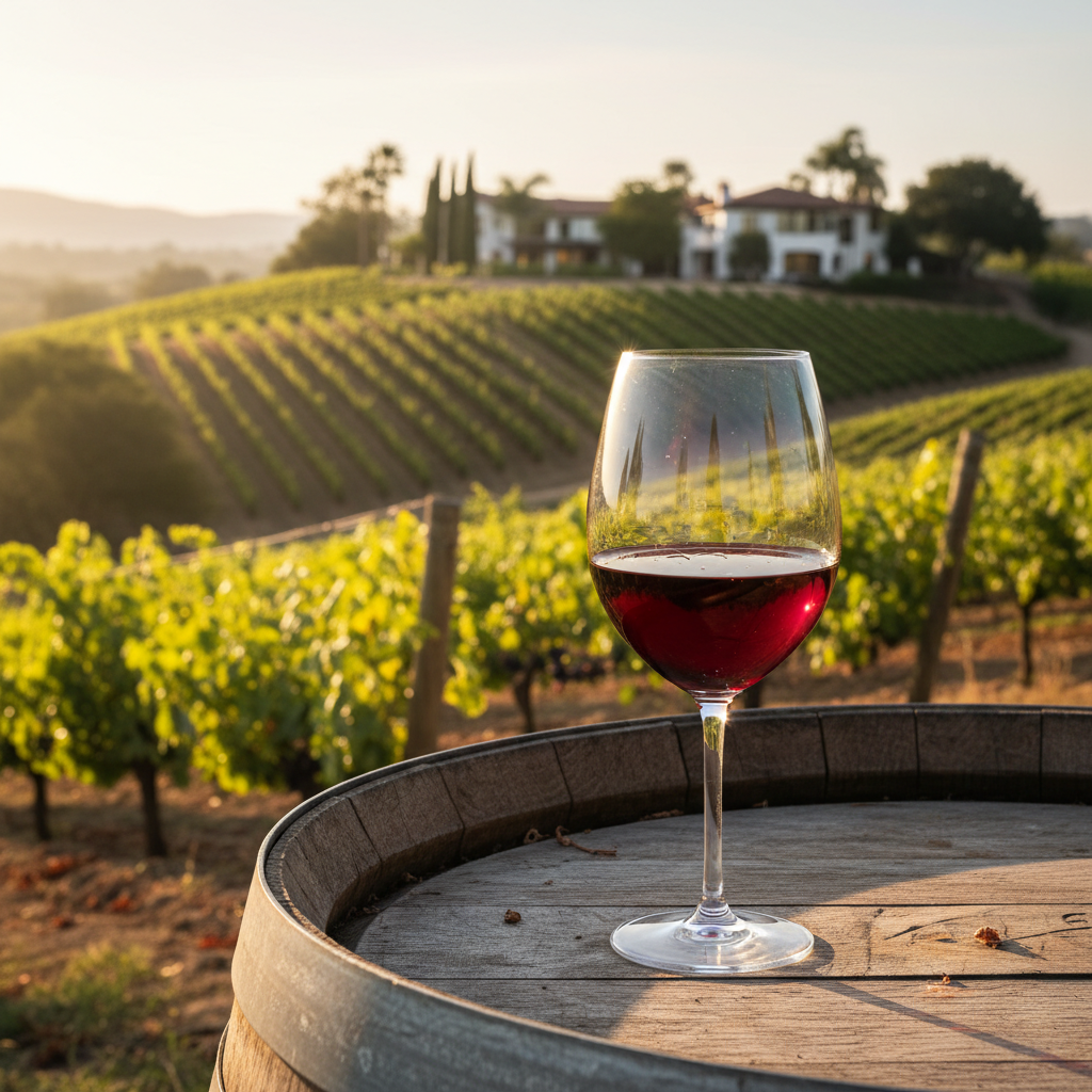 Taça de vinho tinto sobre barril de carvalho em vinhedo que une paisagens da Puglia e Califórnia, sob luz dourada.