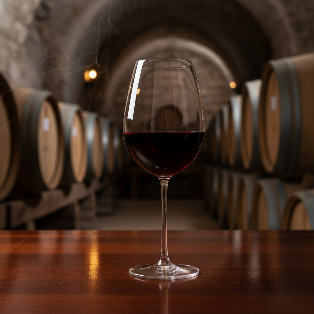 Taça de vinho tinto Dolcetto sobre mesa de madeira com adega ao fundo