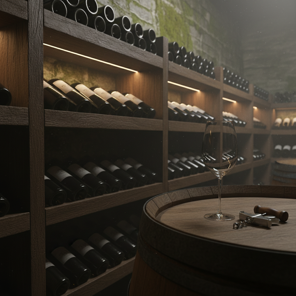 Adega escura com garrafas de vinho em prateleiras de madeira, simbolizando o envelhecimento do vinho Gamay Noir.