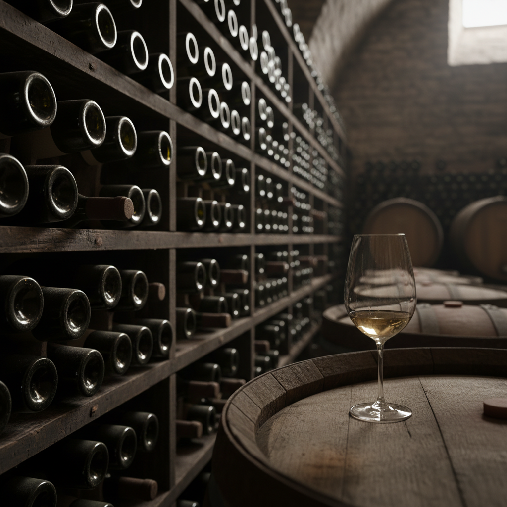 Garrafas de vinho envelhecendo em uma adega rústica com uma taça de vinho tinto sobre um barril de carvalho.
