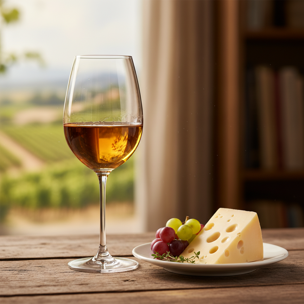 Taça de vinho Gewürztraminer dourado em mesa de madeira rústica com petiscos leves, em um ambiente aconchegante.